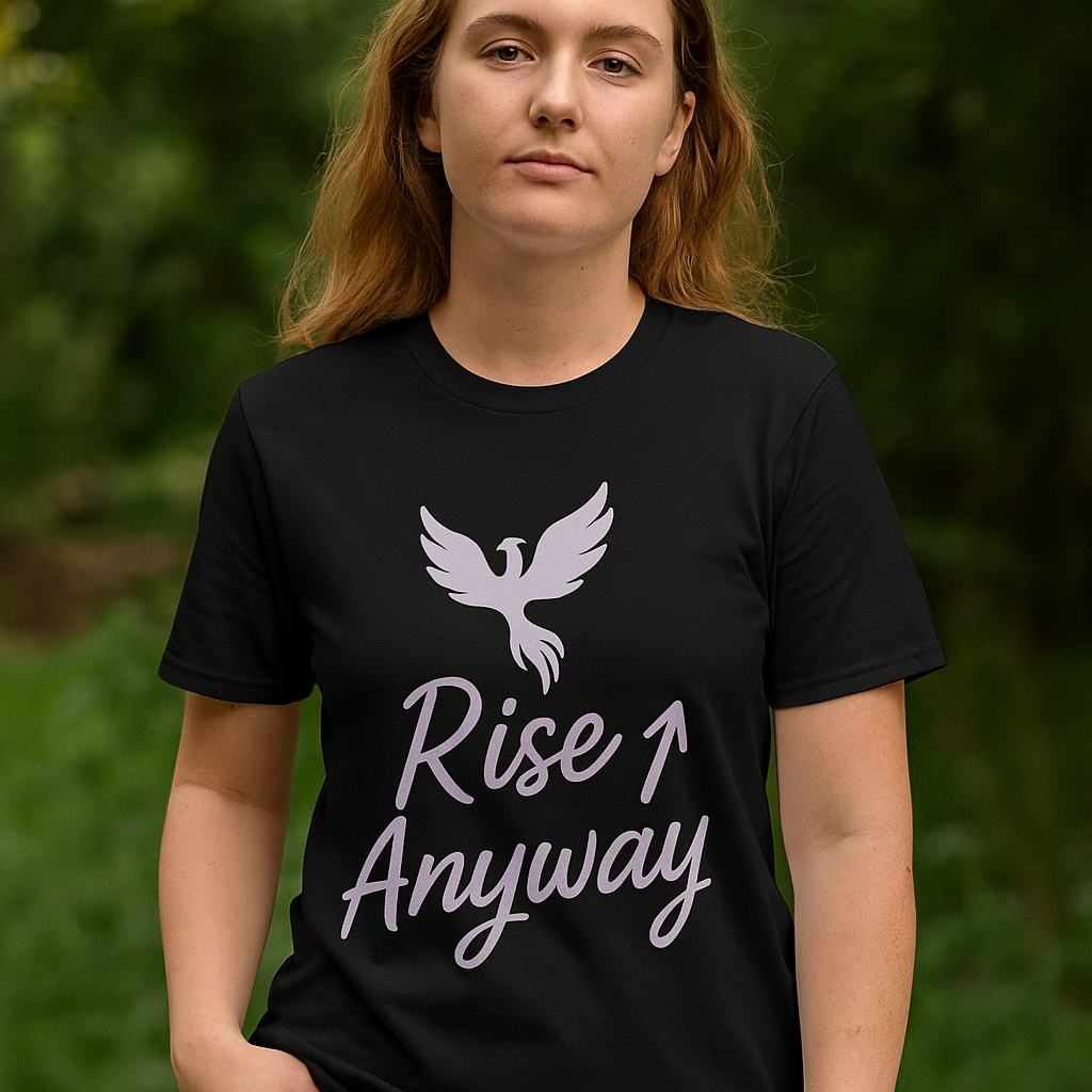 Person wearing a black t-shirt with a white dove and text design against a blurred green background