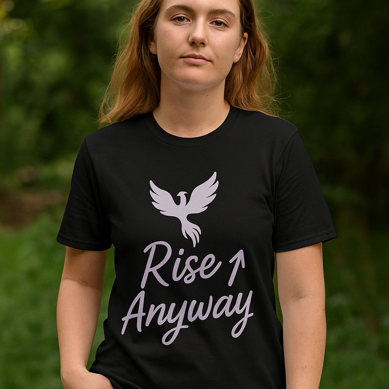 Person wearing a black t-shirt with a white dove and text design against a blurred green background