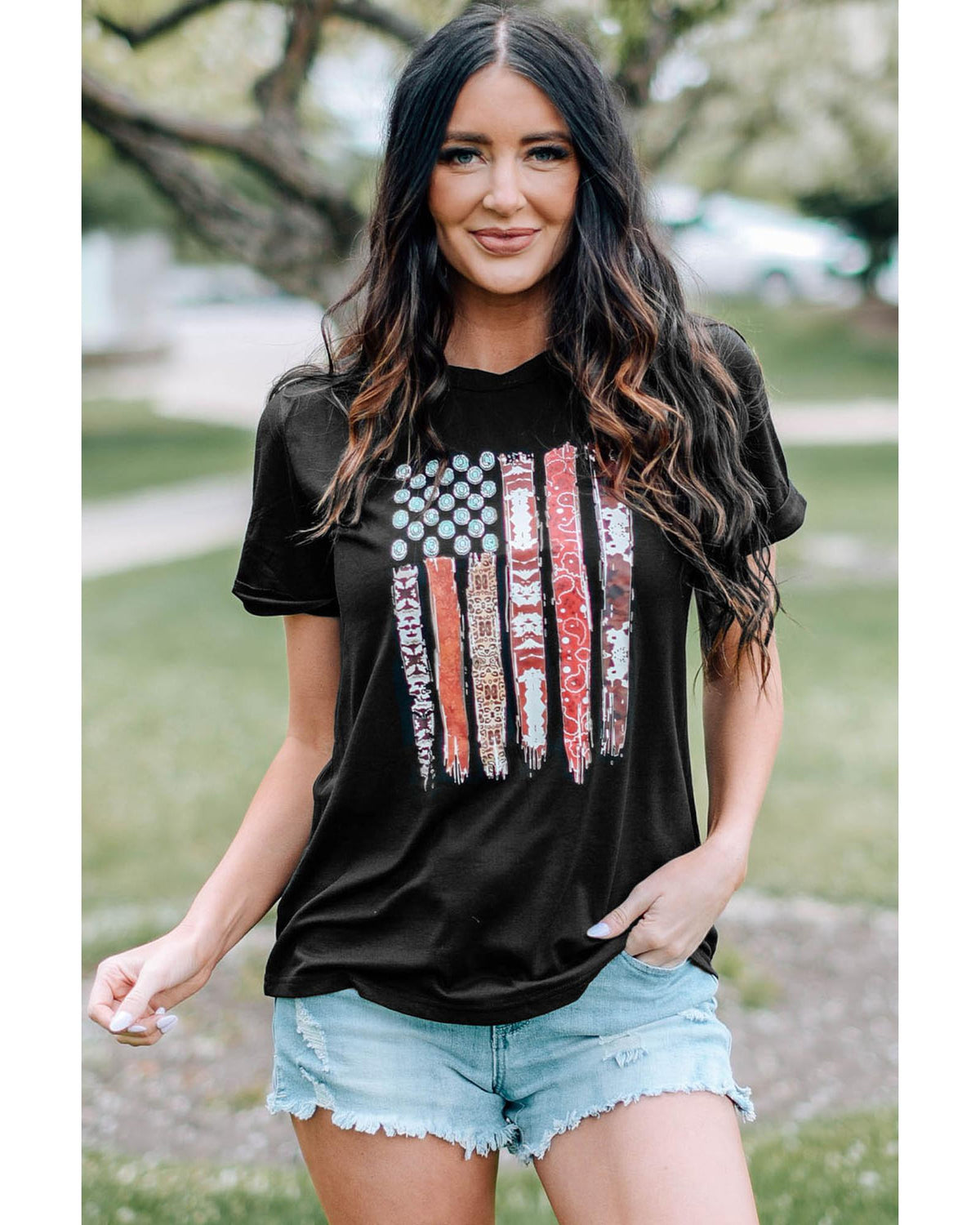 American Flag Print Short Sleeve Graphic T-Shirt