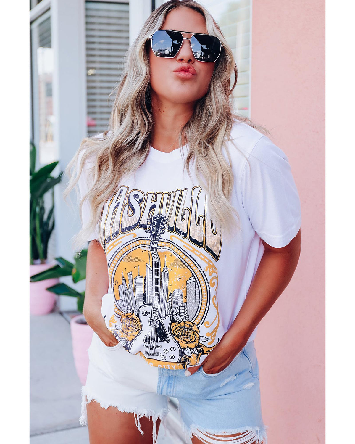 Nashville Guitar Floral Print T-Shirt