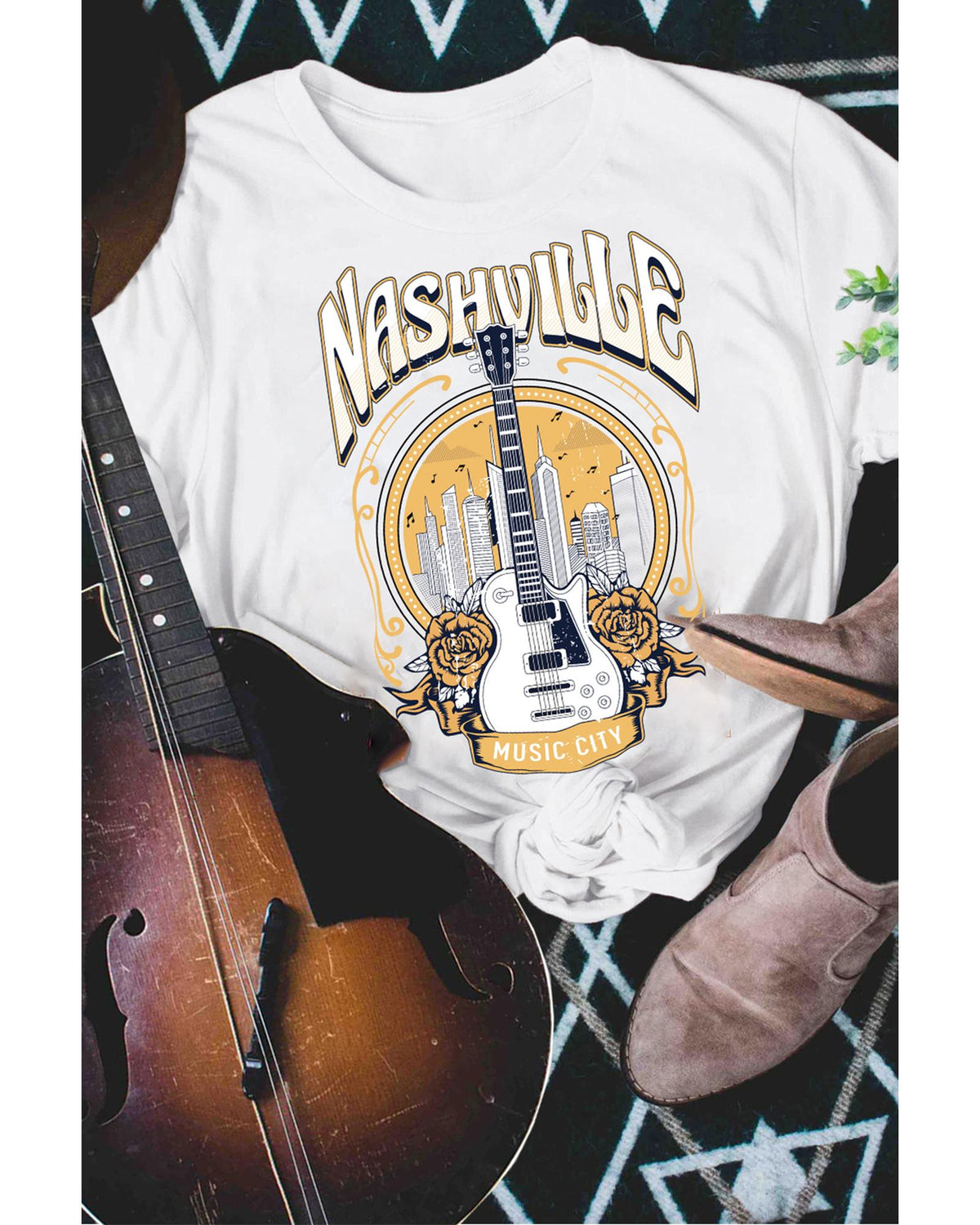Nashville Guitar Floral Print T-Shirt