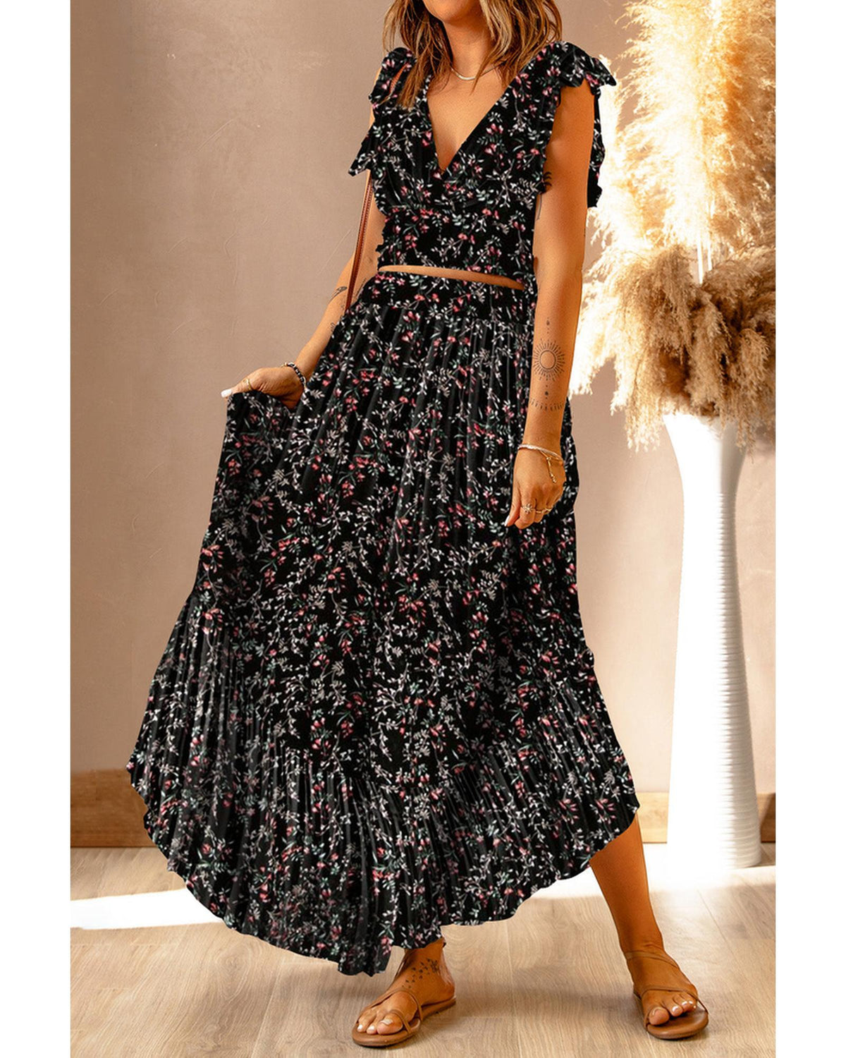 Floral Ruffled Crop Top and Maxi Skirt Set