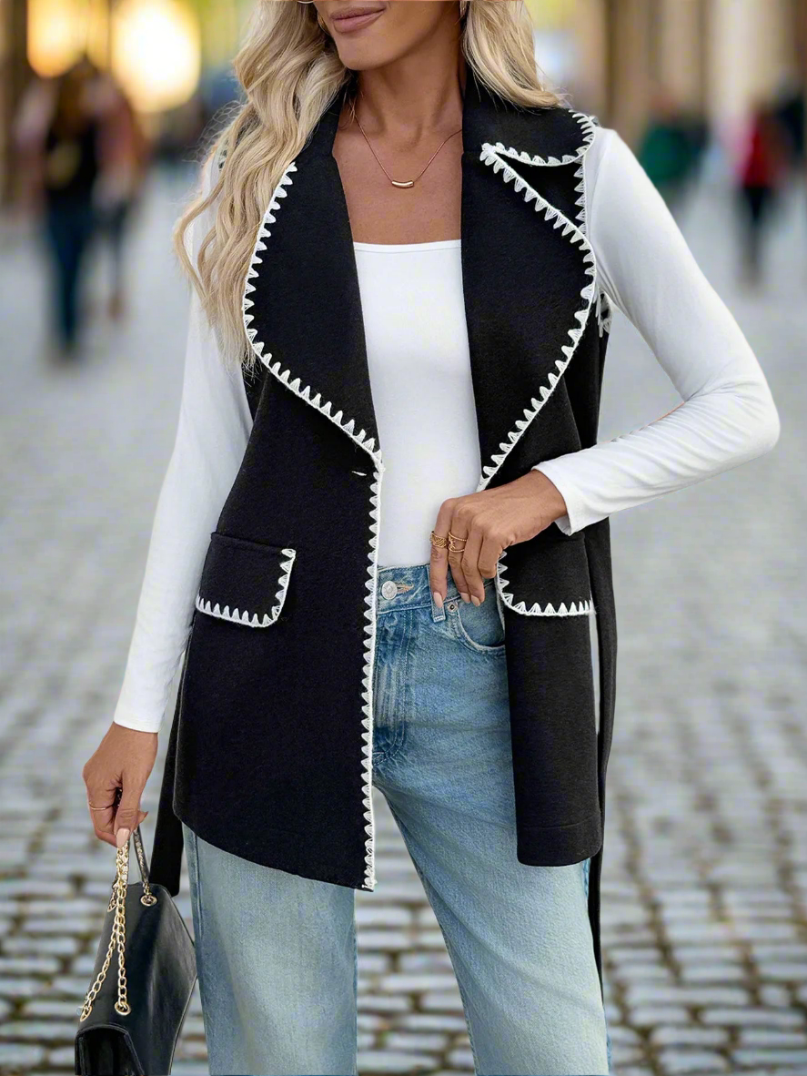 Contrast Trim Collared Neck Vest Coat