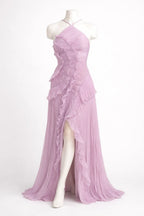 Lavender evening gown on a mannequin against a white background