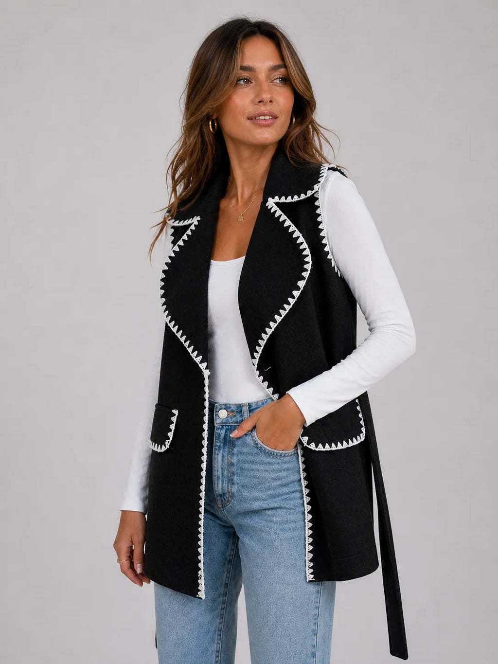 Contrast Trim Collared Neck Vest Coat