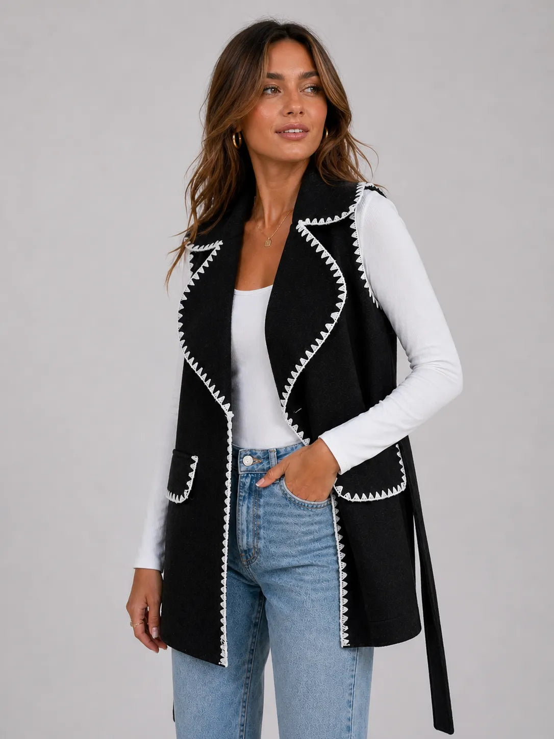 Contrast Trim Collared Neck Vest Coat