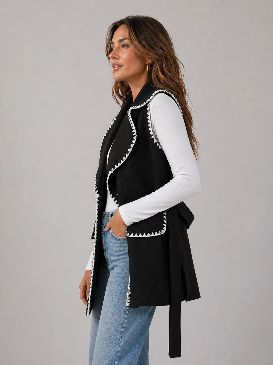 Contrast Trim Collared Neck Vest Coat