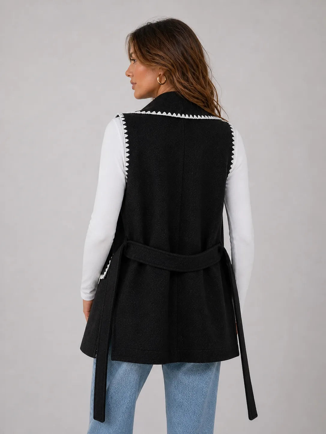Contrast Trim Collared Neck Vest Coat