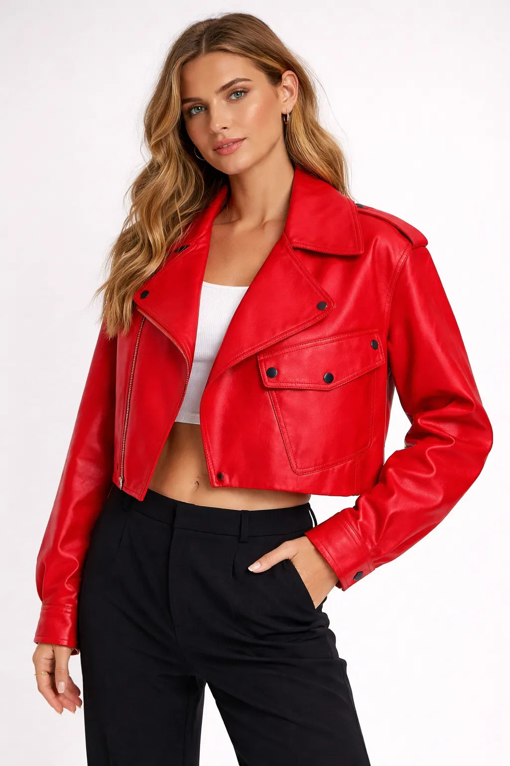 Woman wearing a red leather jacket on a white background