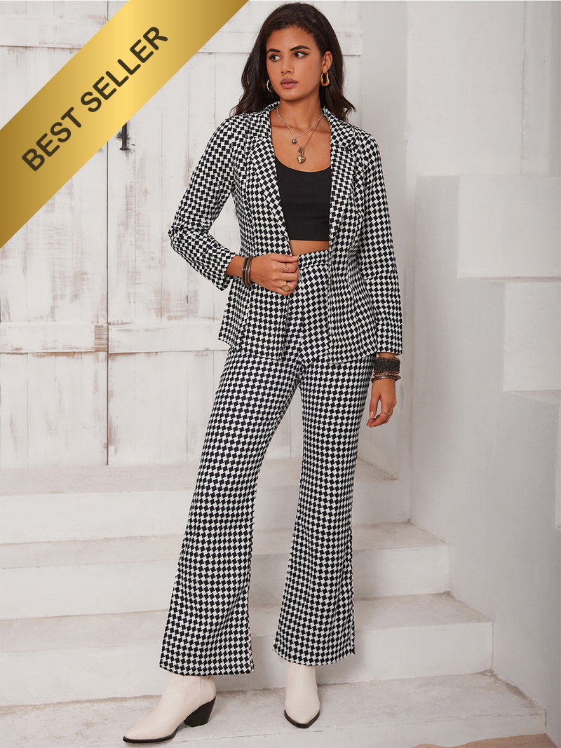 Checkered Blazer & Slit Pants Set