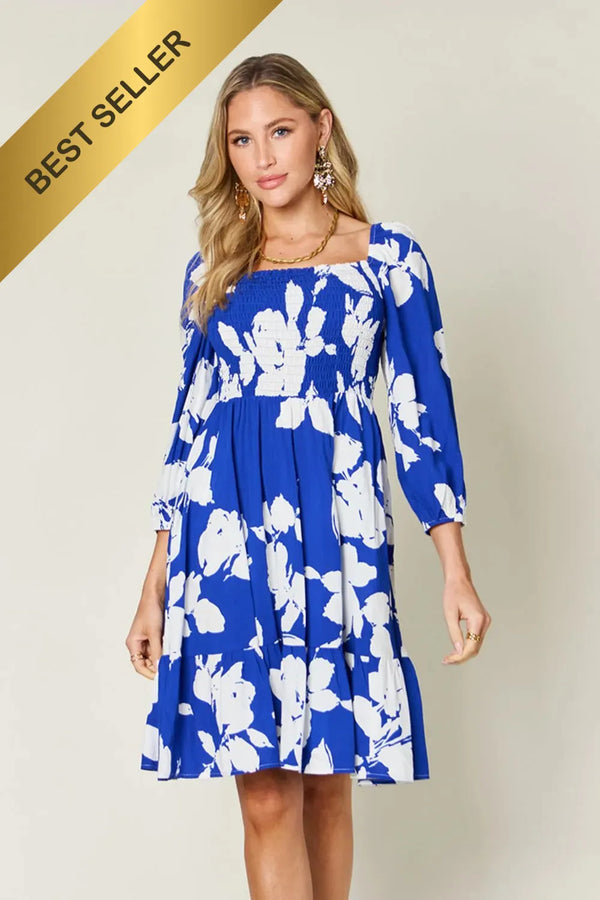 Full Size Floral Ruffle Hem Smocked Dress with Pockets