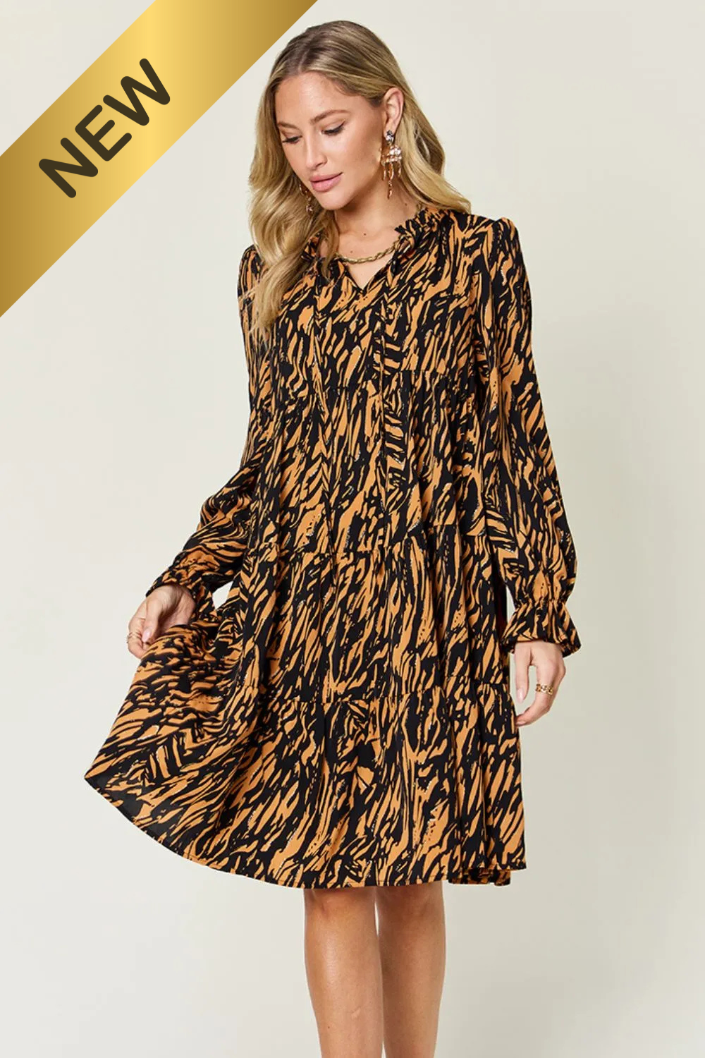 Full Size Printed Ruffle Hem Long Sleeve Dress