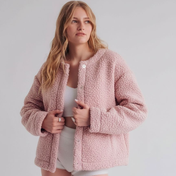 Plush Mock Neck Snap Down Jacket with Pockets