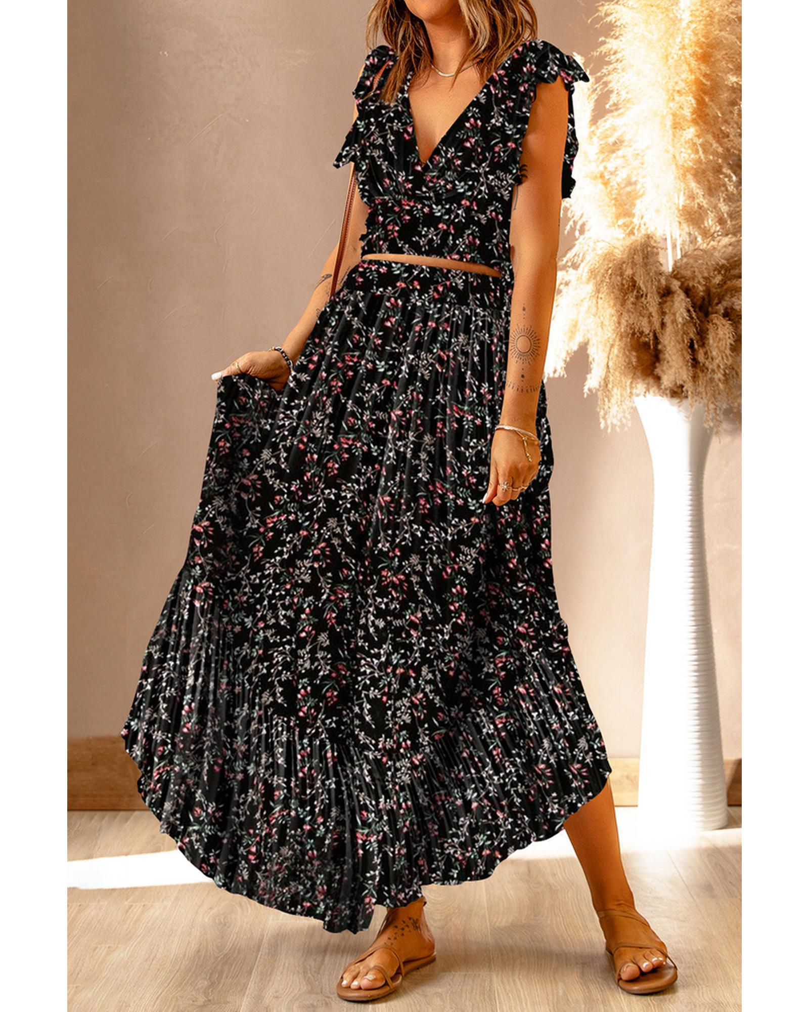 Floral Ruffled Crop Top and Maxi Skirt Set