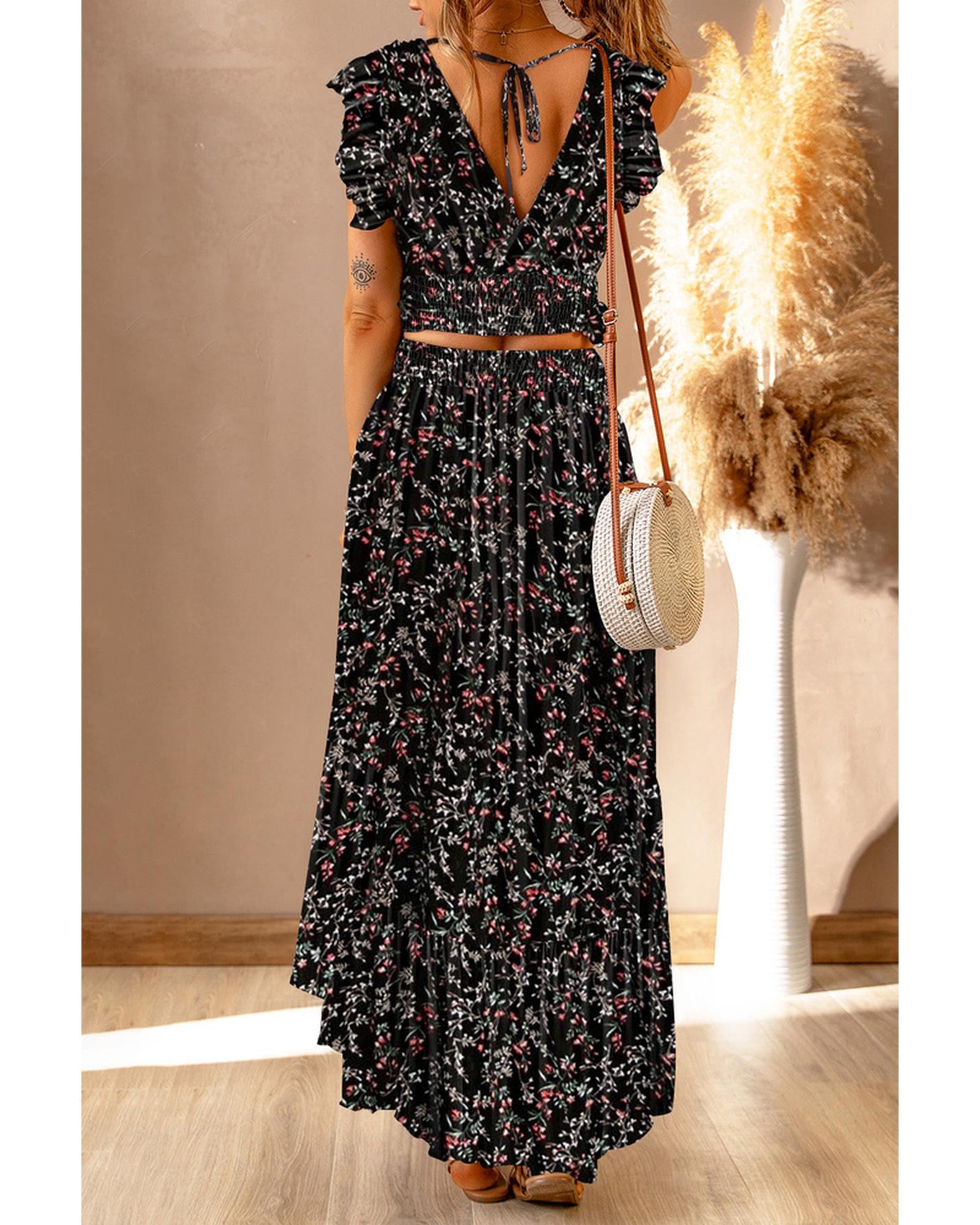 Floral Ruffled Crop Top and Maxi Skirt Set