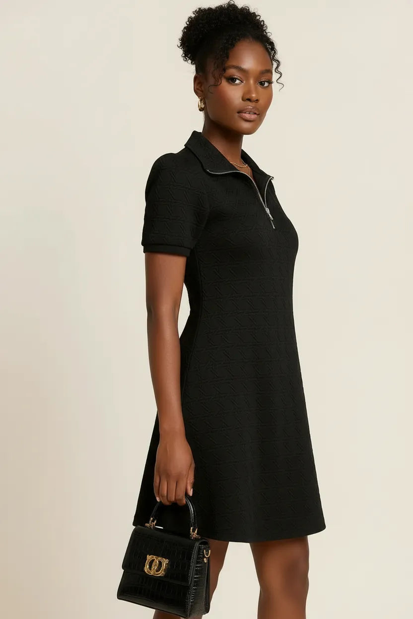 Textured Quarter Zip Short Sleeve Dress