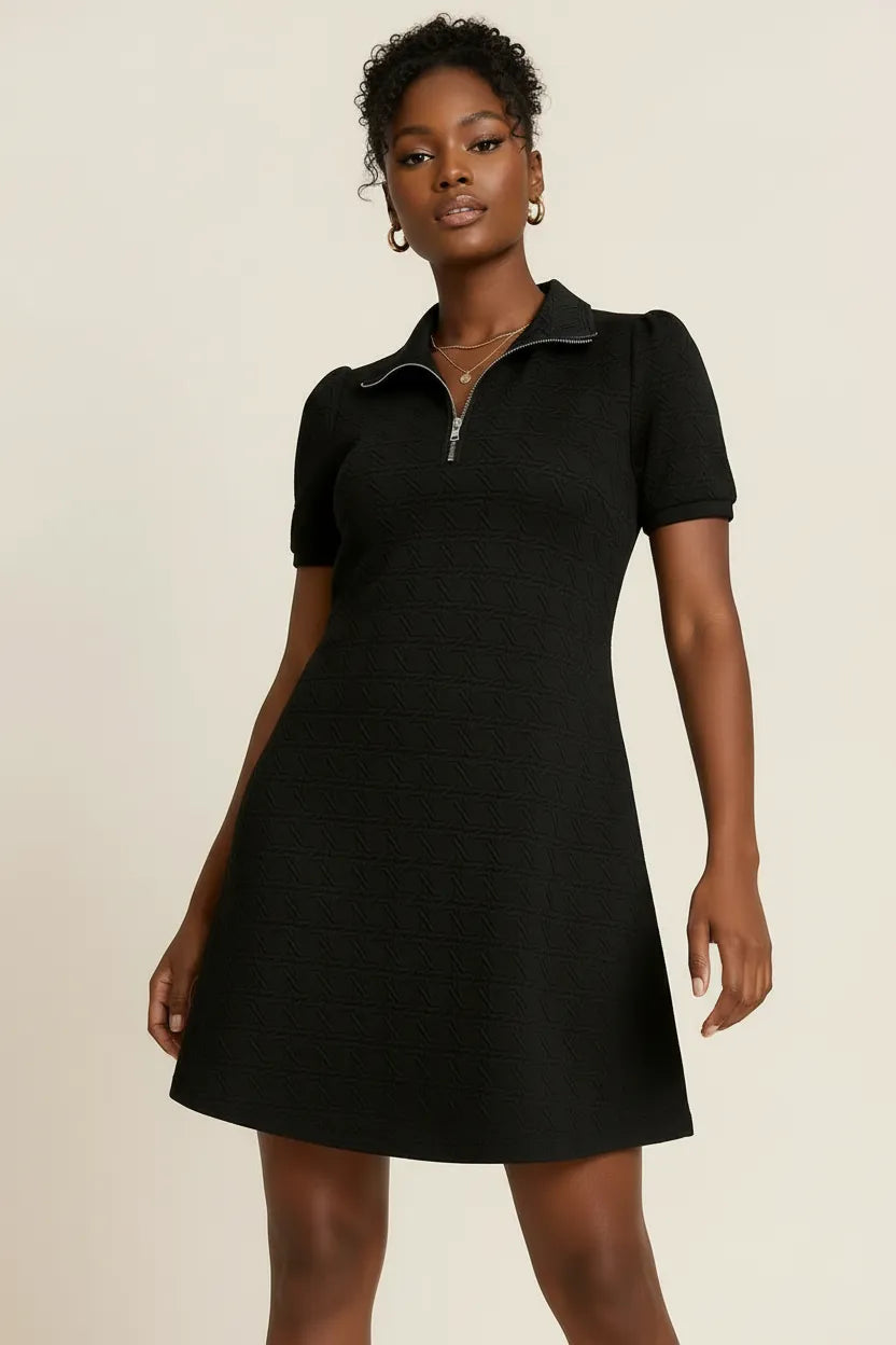 Textured Quarter Zip Short Sleeve Dress