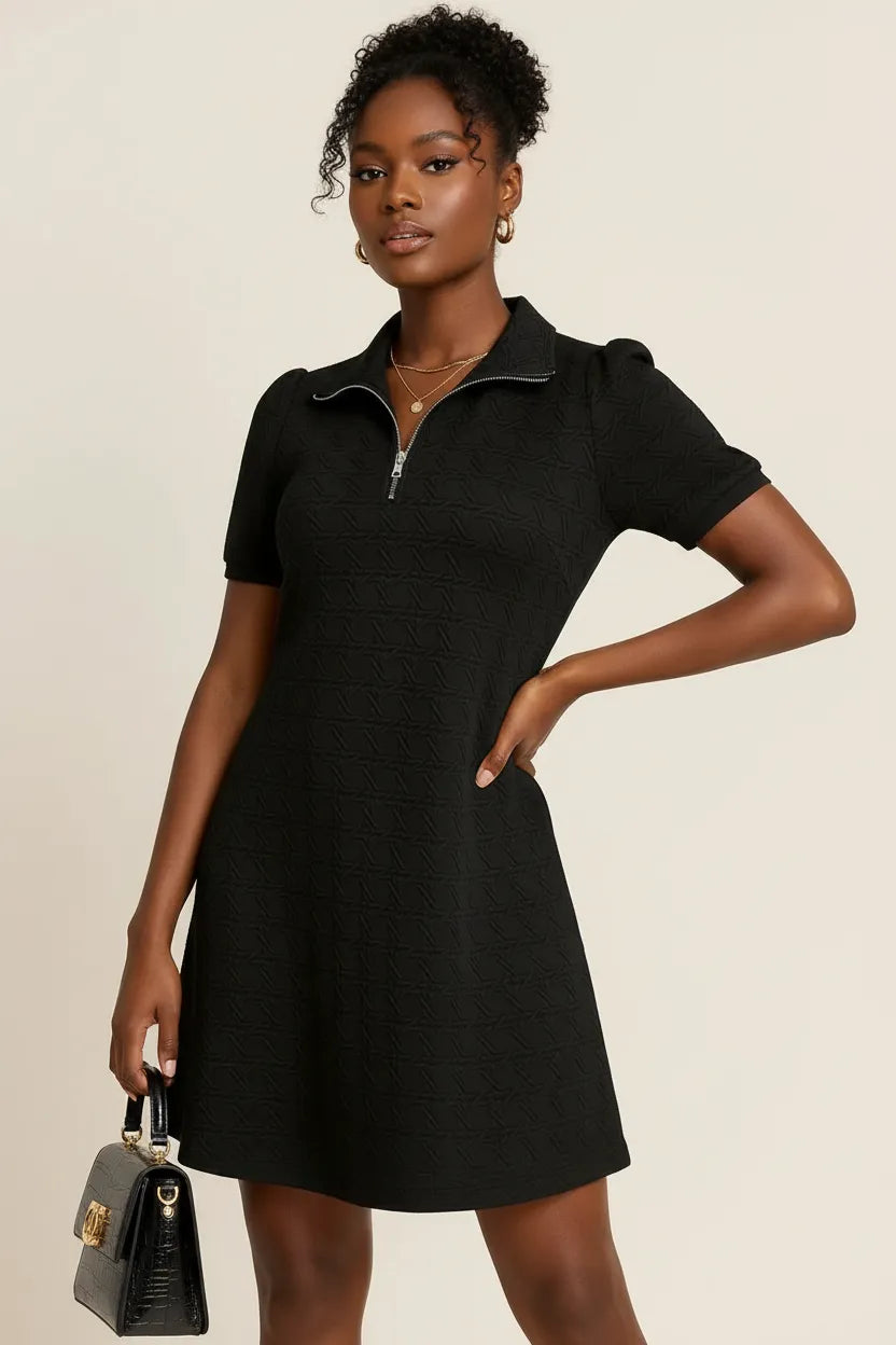 Textured Quarter Zip Short Sleeve Dress