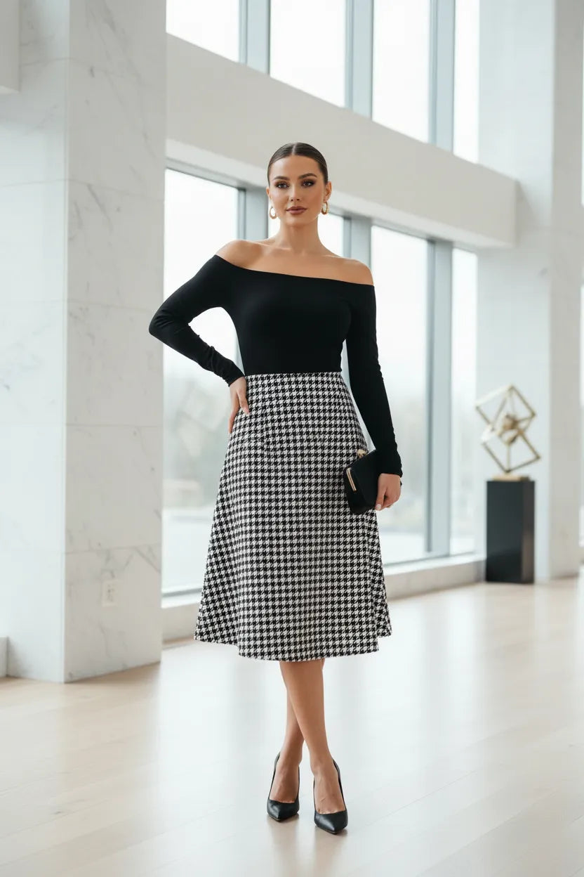 Off-Shoulder Top & Houndstooth Skirt Two-Piece Set