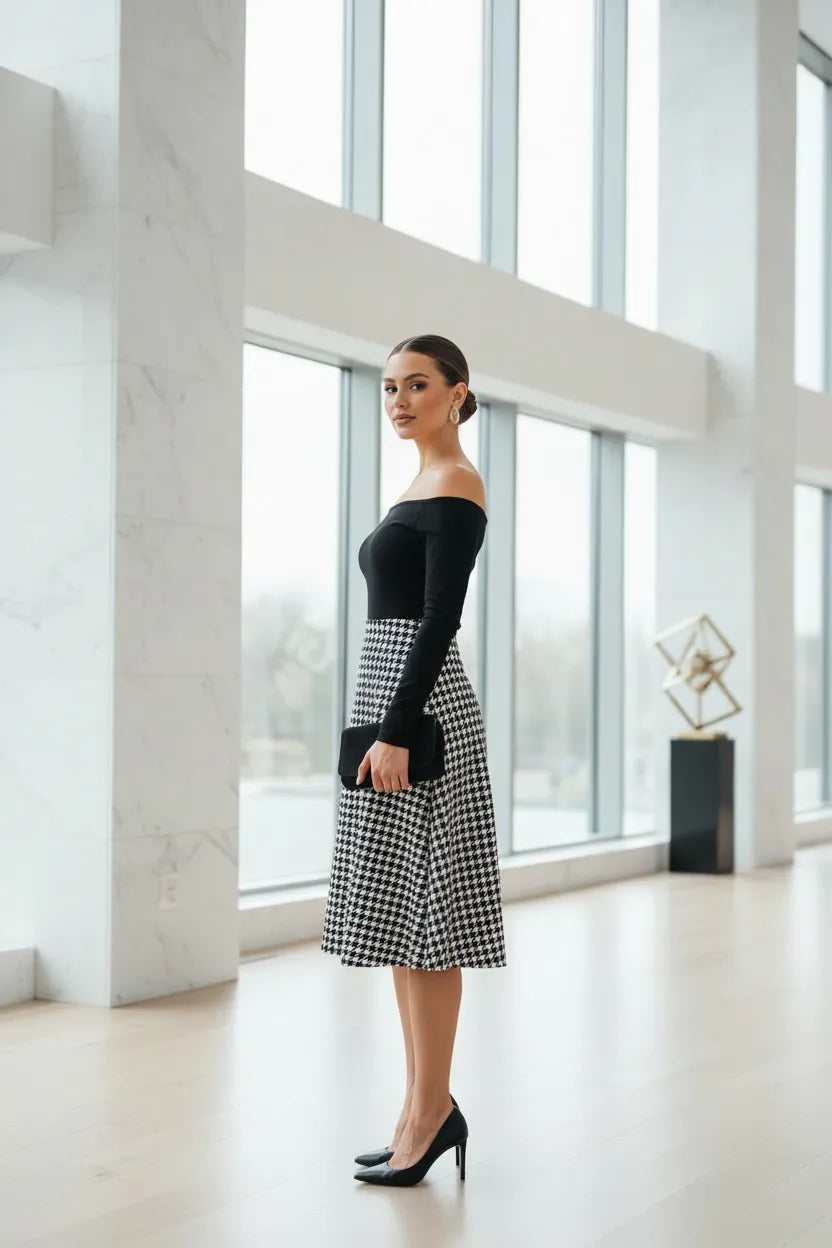 Off-Shoulder Top & Houndstooth Skirt Two-Piece Set